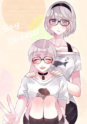 2B and 9S from Nier Automata casual moment - digital artwork showing androids in glasses and casual shirts