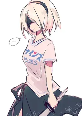 2B from Nier Automata wearing a casual NineS t-shirt - digital artwork showing android warrior in signature blindfold