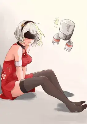 2B from Nier Automata sitting in a red dress - digital artwork showing android warrior in casual outfit