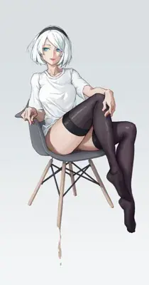 2B from Nier Automata sitting on a chair in casual attire - digital artwork showing android warrior in signature white hair