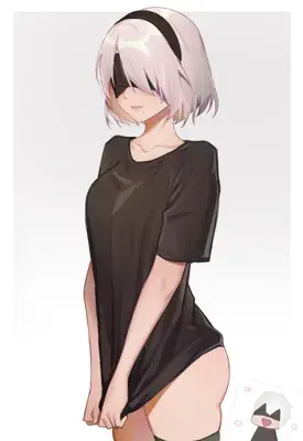 2B from Nier Automata wearing a casual black t-shirt - digital artwork showing android warrior in a relaxed pose