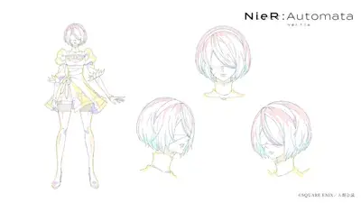 2B from Nier Automata character design sheet - digital artwork showing android warrior in signature outfit