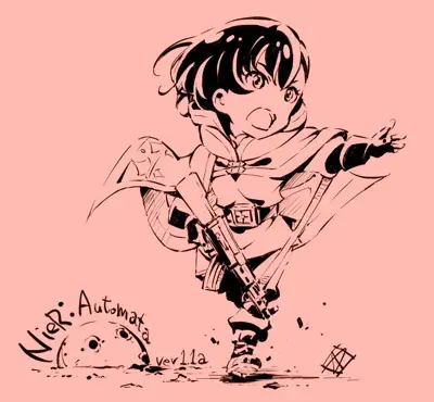 2B from Nier Automata chibi-style sketch - digital artwork showing android warrior in dynamic action pose