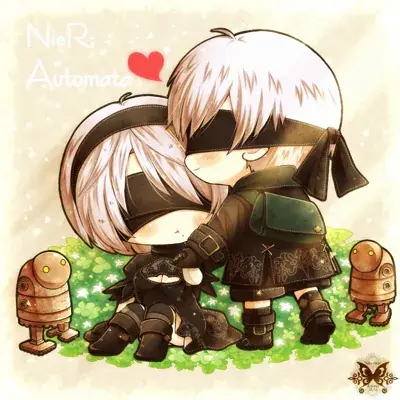 2B and 9S from Nier Automata chibi artwork - digital illustration showing android warriors in signature outfits