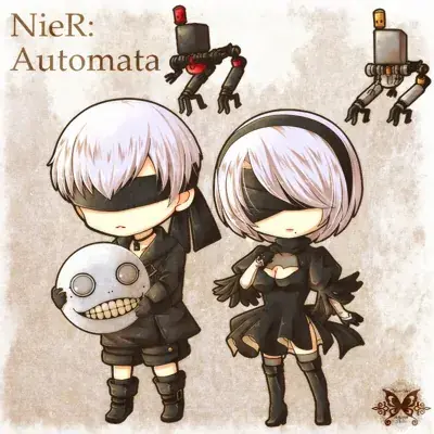 2B and 9S from Nier Automata chibi style illustration - digital artwork showing android warriors with Emil head
