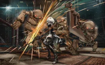 2B from Nier Automata combat action scene - digital artwork showing android warrior in signature outfit