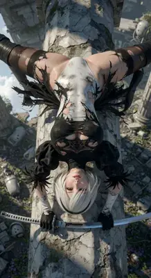 2B from Nier Automata combat damaged vertical pose - digital artwork showing android warrior in signature outfit