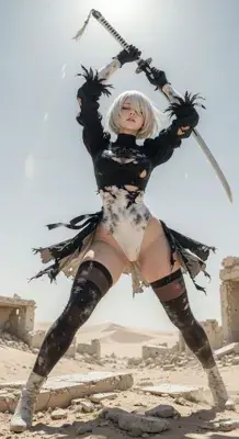 2B from Nier Automata combat ready - digital artwork showing android warrior in signature outfit