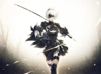 2B from Nier Automata combat ready - digital artwork showing android warrior in signature outfit