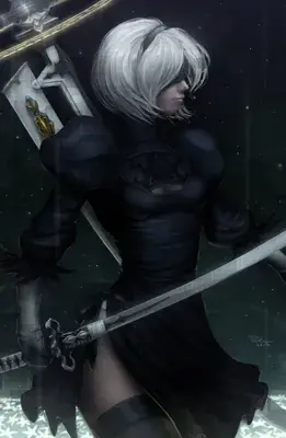 2B from Nier Automata combat ready - digital artwork showing android warrior in signature outfit