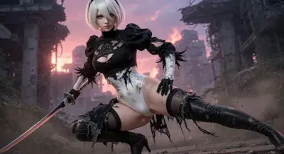 2B from Nier Automata combat-ready pose - digital artwork showing android warrior in signature outfit