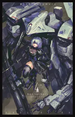 2B from Nier Automata standing alongside a massive machine - digital artwork showing android warrior in signature outfit