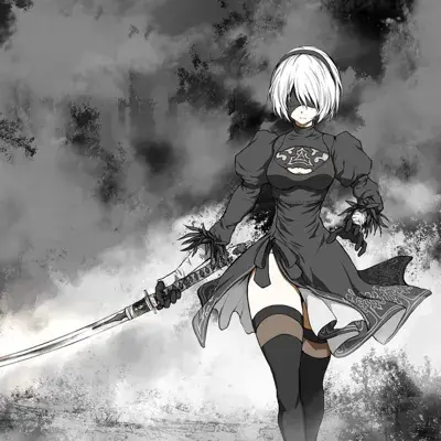 2B from Nier Automata combat ready - digital artwork showing android warrior in signature outfit