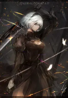 2B from Nier Automata combat ready android in signature outfit - digital artwork showing android warrior in signature outfit