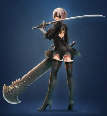 Fan art of 2B (YoRHa No.2 Type B) from NieR: Automata, depicted in a gothic-lolita style with a blindfold and large sword against a dark blue background.