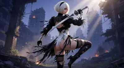 2B from Nier Automata combat ready in ruined city - digital artwork showing android warrior in signature outfit