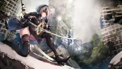 2B from Nier Automata combat ready in ruins - digital artwork showing android warrior in signature outfit