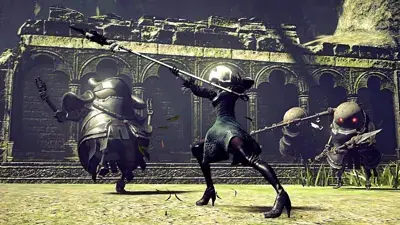 2B from Nier Automata fighting machines in the forest - digital artwork showing android warrior in signature outfit