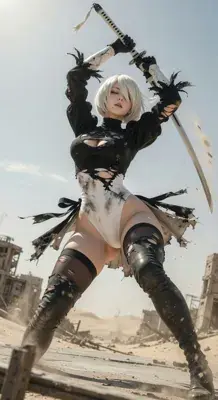 2B from Nier Automata combat-ready in the wasteland - digital artwork showing android warrior in signature outfit
