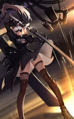 2B from Nier Automata in a combat ready stance - digital artwork showing android warrior in signature outfit