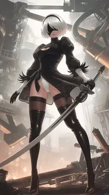 2B from Nier Automata combat ready stance - digital artwork showing android warrior in signature outfit