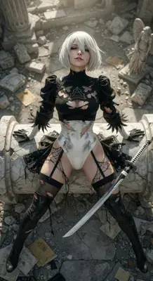 2B from Nier Automata combat-worn android warrior - digital artwork showing android warrior in signature outfit