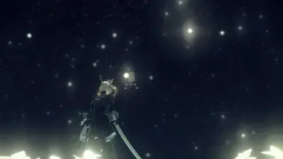 2B from Nier Automata contemplating the night sky - digital artwork showing android warrior in signature outfit