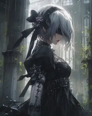 2B from Nier Automata Contemplation in the Rain - digital artwork showing android warrior in signature outfit