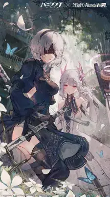 2B from Nier Automata crossover art with Lucia - digital artwork showing android warriors in signature outfits