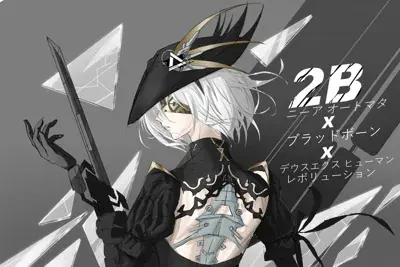 2B from Nier Automata crossover concept artwork showing android warrior in signature outfit