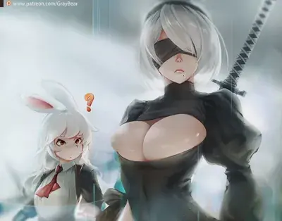 2B from Nier Automata curious crossover encounter - digital artwork showing android warrior in signature outfit