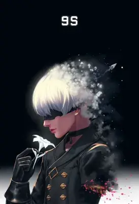 2B from Nier Automata digital dissolution artwork showing android warrior in signature outfit