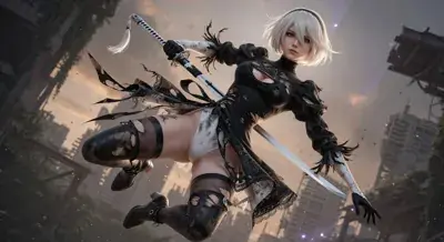 2B from Nier Automata in a dynamic mid-air combat pose - digital artwork showing android warrior in battle-damaged signature outfit