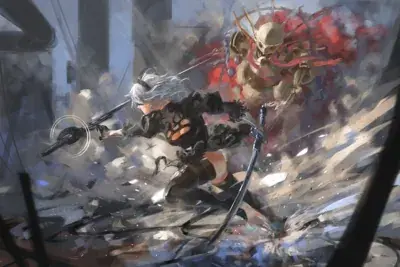 2B from Nier Automata dynamic combat encounter - digital artwork showing android warrior in signature outfit