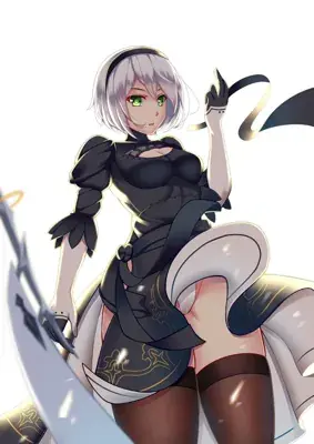 2B from Nier Automata dynamic combat illustration - digital artwork showing android warrior in signature outfit