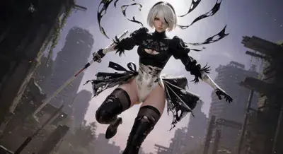 2B from Nier Automata dynamic combat leap - digital artwork showing android warrior in signature outfit