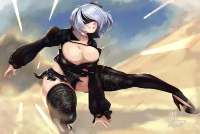 2B from Nier Automata dynamic combat maneuver - digital artwork showing android warrior in signature outfit