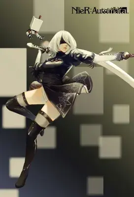 2B from Nier Automata dynamic combat pose - digital artwork showing android warrior in signature outfit