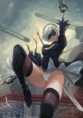 2B from Nier Automata dynamic combat pose - digital artwork showing android warrior in signature outfit