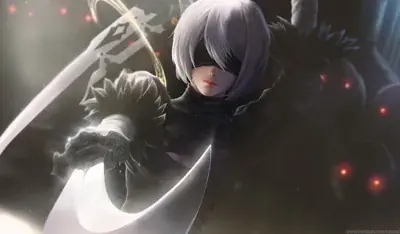 2B from Nier Automata dynamic combat sequence - digital artwork showing android warrior in signature outfit