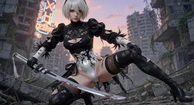 2B from Nier Automata dynamic combat stance - digital artwork showing android warrior in signature outfit