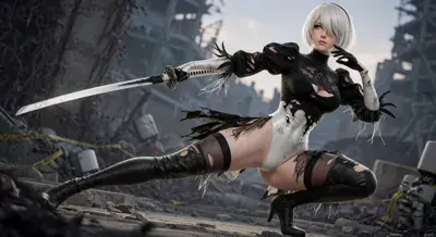 2B from Nier Automata in a dynamic combat pose - digital artwork showing android warrior in signature outfit