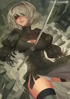 2B from Nier Automata dynamic combat stance - digital artwork showing android warrior in signature outfit