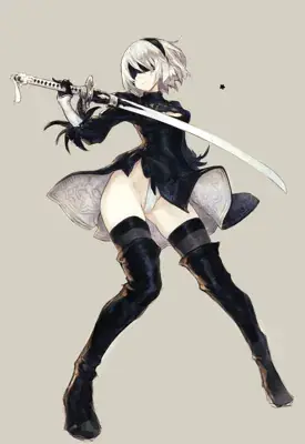 Image of 2B in a dynamic combat stance - YoRHa android character art from the video game Nier Automata