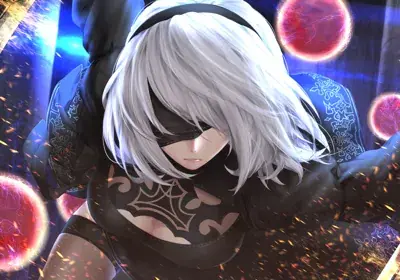 2B from Nier Automata dynamic combat strike - digital artwork showing android warrior in signature outfit