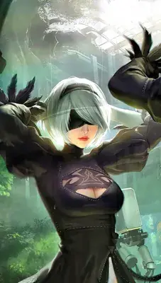 2B from Nier Automata adjusting her hair - digital artwork showing android warrior in signature outfit