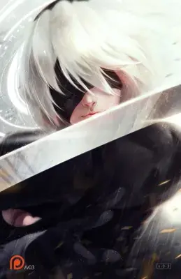 2B from Nier Automata ethereal combat close-up - digital artwork showing android warrior in signature outfit