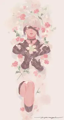 2B from Nier Automata Ethereal Floral Portrait - digital artwork showing android warrior in signature outfit