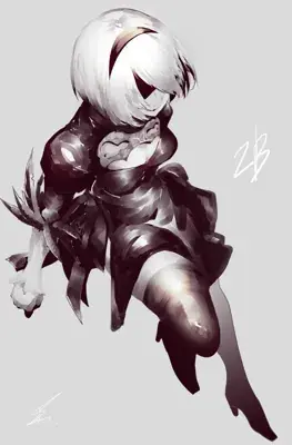 2B from Nier Automata expressive painterly portrait - digital artwork showing android warrior in signature outfit
