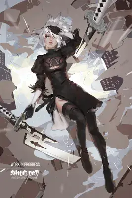 2B from Nier Automata lying amidst the debris of a ruined city - digital artwork showing android warrior in signature outfit